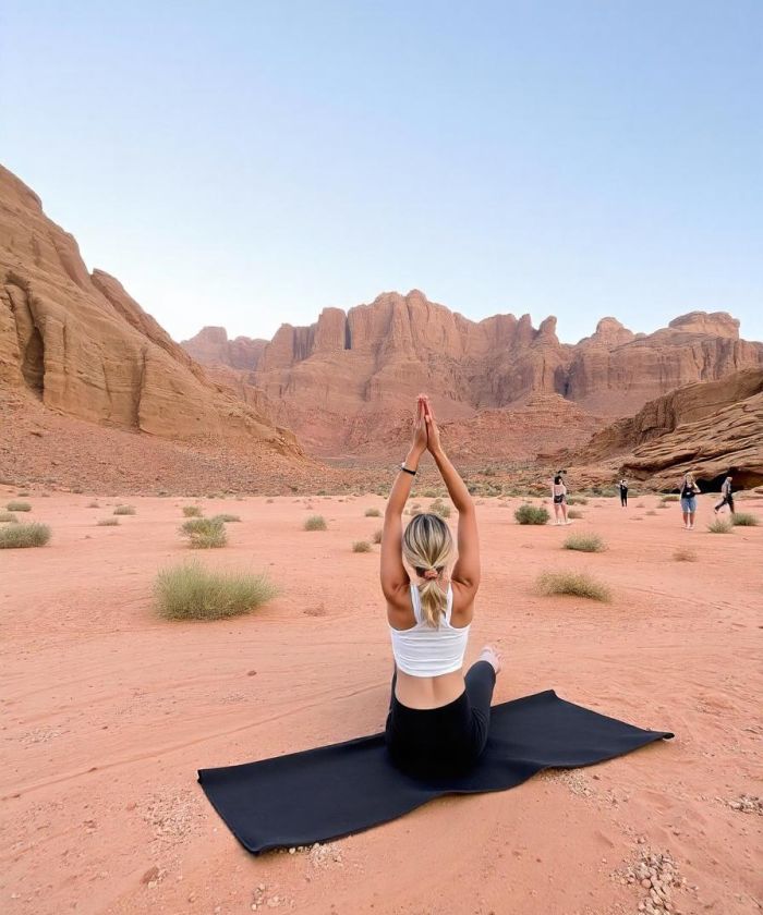 Tourist doing Yoga at Wadi Rum