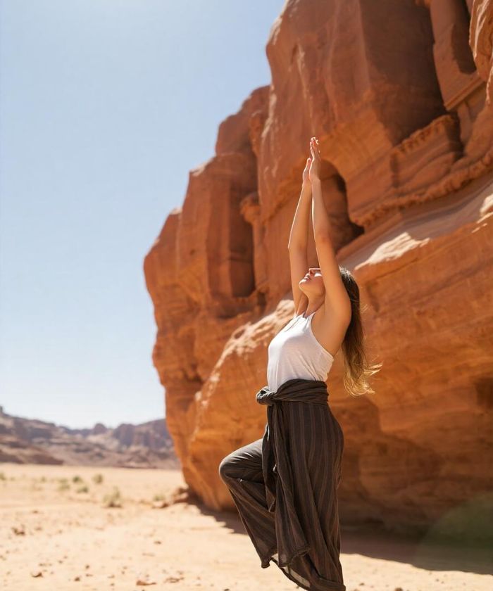 Tourist doing Yoga at Wadi Rum