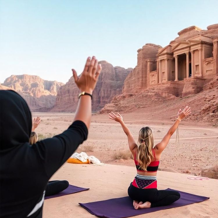 Tourists doing Yoga at Wadi Rum